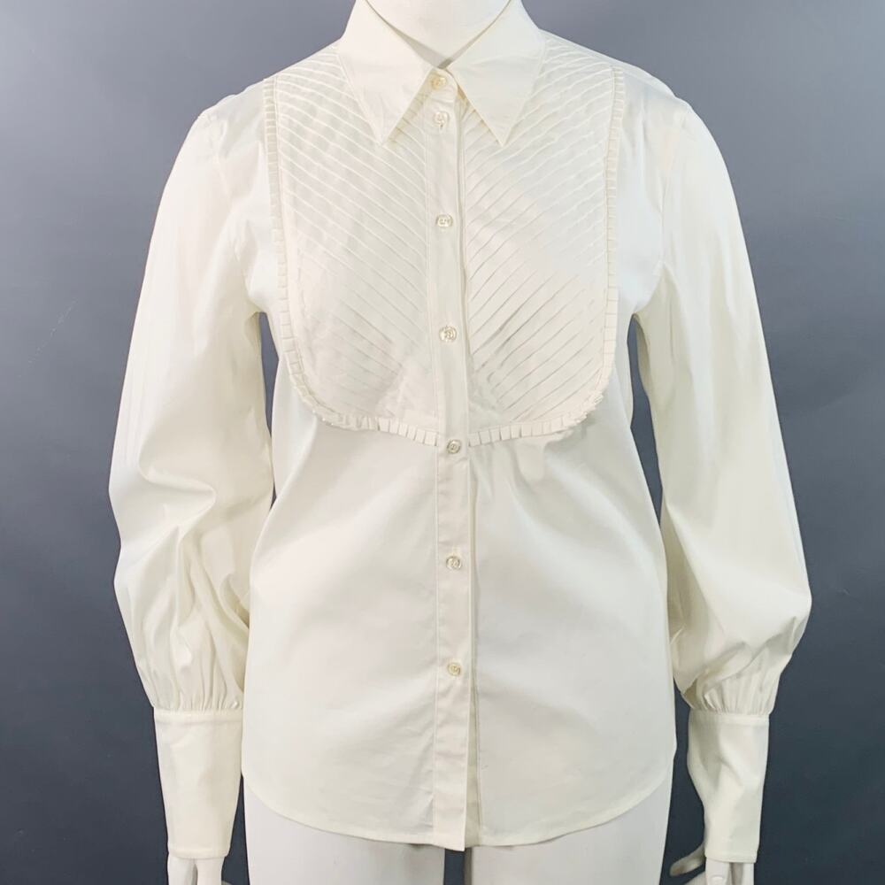 ESCADA Size XL Cream Cotton Blend Pleated Bib Button Up Shirt